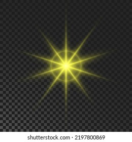 Sparkling star. Yellow glowing flickering and flashing light on dark transparent background. Vector explosion with rays and flare effect
