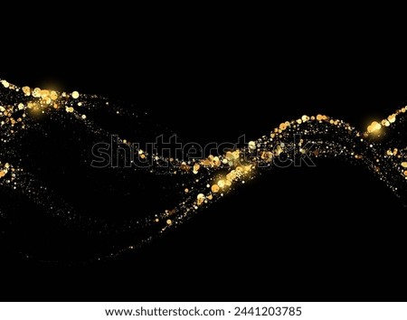 Sparkling stardust. Golden shiny magic vector waves with golden particles isolated on black background. A brilliant bright trail, a wave flow.