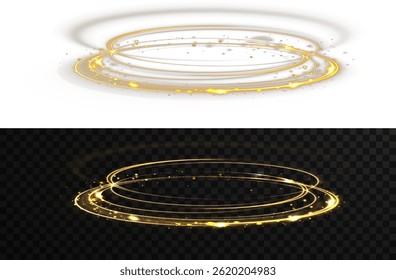 Anel de poeira espumante forma quadro de energia celeste abstrato. Linha de ouro vetorial flui dinamicamente como torção de fibra óptica. O arco brilhante cria um movimento elegante para o design digital. Brilho de poeira brilhante