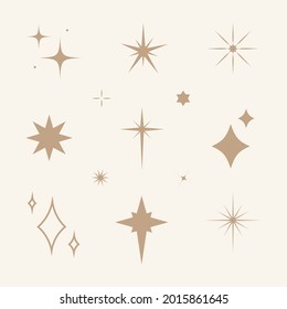Sparkling stars. Abstract twinkle, flare magic effect. Stars shape collection for baby design. Starburst. Congratulation, celebration decoration. Shiny silhouette stars set. Vector illustration. 