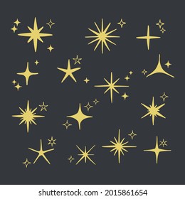 Sparkling stars. Abstract twinkle, flare magic effect. Stars shape collection for baby design. Starburst. Congratulation, celebration decoration. Shiny silhouette stars set. Vector illustration. 