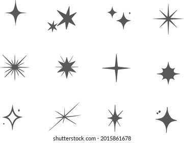 Sparkling stars. Abstract twinkle, flare magic effect. Stars shape collection for baby design. Starburst. Congratulation, celebration decoration. Shiny silhouette stars set. Vector illustration. 