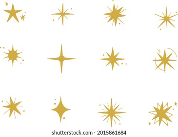 Sparkling stars. Abstract twinkle, flare magic effect. Stars shape collection for baby design. Starburst. Congratulation, celebration decoration. Shiny silhouette stars set. Vector illustration. 