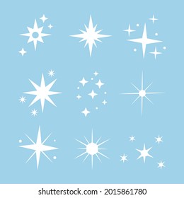 Sparkling stars. Abstract twinkle, flare magic effect. Stars shape collection for baby design. Starburst. Congratulation, celebration decoration. Shiny silhouette stars set. Vector illustration. 