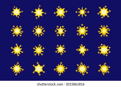 Sparkling stars. Abstract twinkle, flare magic effect. Stars shape collection for baby design. Starburst. Congratulation, celebration decoration. Shiny silhouette stars set. Vector illustration. 