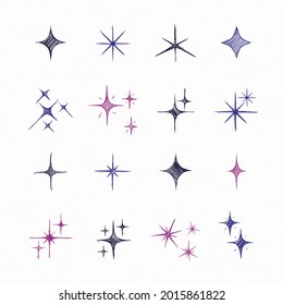 Sparkling stars. Abstract twinkle, flare magic effect. Stars shape collection for baby design. Starburst. Congratulation, celebration decoration. Shiny silhouette stars set. Vector illustration. 