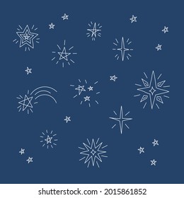 Sparkling stars. Abstract twinkle, flare magic effect. Stars shape collection for baby design. Starburst. Congratulation, celebration decoration. Shiny silhouette stars set. Vector illustration. 