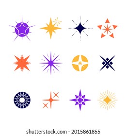 Sparkling stars. Abstract twinkle, flare magic effect. Stars shape collection for baby design. Starburst. Congratulation, celebration decoration. Shiny silhouette stars set. Vector illustration. 