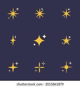 Sparkling stars. Abstract twinkle, flare magic effect. Stars shape collection for baby design. Starburst. Congratulation, celebration decoration. Shiny silhouette stars set. Vector illustration. 