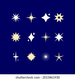 Sparkling stars. Abstract twinkle, flare magic effect. Stars shape collection for baby design. Starburst. Congratulation, celebration decoration. Shiny silhouette stars set. Vector illustration. 