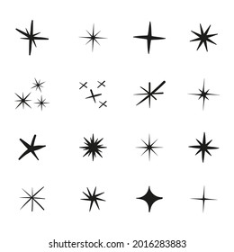 Sparkling stars. Abstract twinkle, flare magic effect. Stars shape collection for baby design. Starburst. Congratulation, celebration decoration. Shiny silhouette stars set. Vector illustration. 