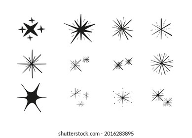 Sparkling stars. Abstract twinkle, flare magic effect. Stars shape collection for baby design. Starburst. Congratulation, celebration decoration. Shiny silhouette stars set. Vector illustration. 