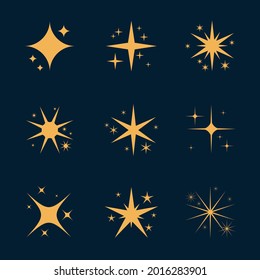 Sparkling stars. Abstract twinkle, flare magic effect. Stars shape collection for baby design. Starburst. Congratulation, celebration decoration. Shiny silhouette stars set. Vector illustration. 