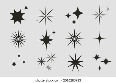 Sparkling stars. Abstract twinkle, flare magic effect. Stars shape collection for baby design. Starburst. Congratulation, celebration decoration. Shiny silhouette stars set. Vector illustration. 