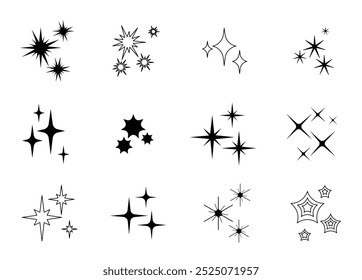 Sparkling stars collection. Silhouette of glitter objects. Abstract shapes, minimalist creativity and art. Hand drawn sketch. Glitter and sparkle. Linear vector set isolated on white background