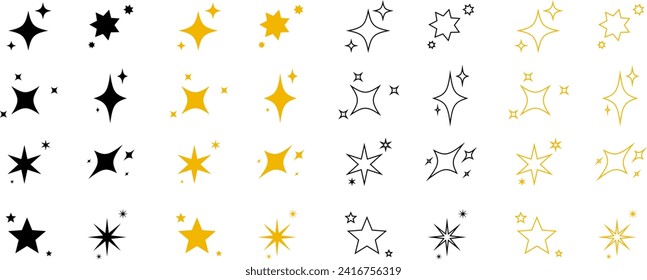 Sparkling Stars collection. Star vector icons. Golden and Black set of Stars isolated on Transparent Background