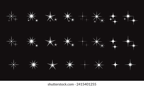 Sparkling stars composition. Glowing white star stencil, isolating various sparkling elements. Celestial bodies, flashing vector sign clipart collection of different Christmas snowflakes