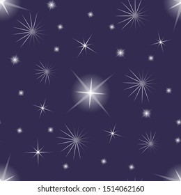 Sparkling stars flash on a dark purple background. Vector seamless, geometry, cosmos, space. Wrapping paper, packaging, fabric, textiles.