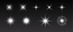 Sparkling Stars, Flickering And Flashing Lights. Collection Of Different Light Effects On Black Background. Realistic Vector Illustration