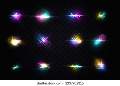 Sparkling stars, flickering and flashing lights. Lens flares creative multicolor template. Lighting effects of flash. Realistic light glare, highlight