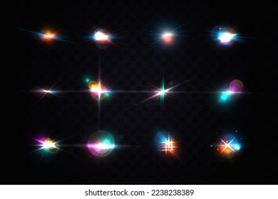 Sparkling stars, flickering and flashing lights. Lens flares creative multicolor template. Lighting effects of flash. Realistic light glare, highlight