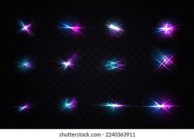 Sparkling stars, flickering and flashing lights. Lens flares creative multicolor template. Lighting effects of flash. Realistic light glare, highlight