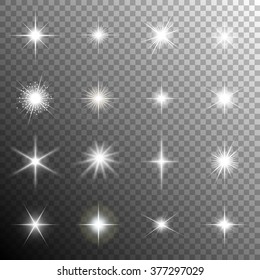Sparkling stars, flickering and flashing lights. Collection of different light effects in vector