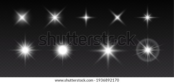 Sparkling stars, flickering and flashing\
lights. Collection of different light effects on black background.\
Realistic vector\
illustration