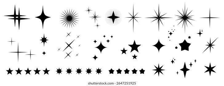 Sparkling stars icon set. Shine star silhouettes, magic spark shape, abstract glitter elements isolated on white background, starburst vector illustration