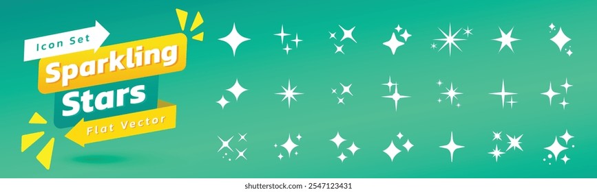 Sparkling stars icon set, various shapes of the stars. Flat vector illustration.