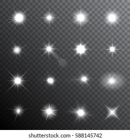 Sparkling stars and lens flares. Realistic light effects. Transparent vector illustration