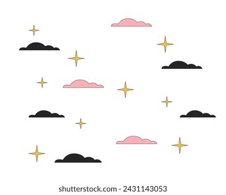 Sparkling stars in night sky clouds 2D linear cartoon object. Starry night. Twinkling stars isolated line vector element white background. Midnight nighttime magic color flat spot illustration