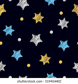 Sparkling stars seamless pattern. Vector background with doodle blue, silver and gold stars and dots.