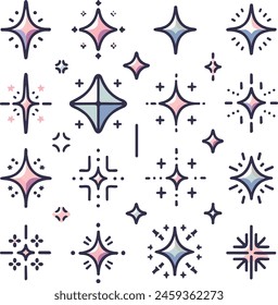 Sparkling Stars set icons retro futuristic sparkle sign vector design Pastel colorful black and white Templates for design, posters, projects, banners, logo, and business cards Shine icon, Clean star 