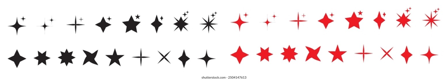 Conjunto de estrellas brillantes. Icono de estrellas de silueta minimalista, símbolos de forma de estrella centelleante. Iconos brillantes de la estrella, Vector negro abstracto del símbolo de las siluetas del destello