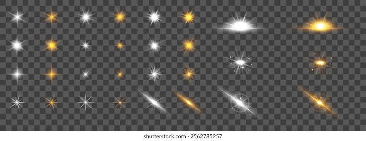 Sparkling stars, set of vector glowing star light effect. Glitter space star sparks on transparent background. Glowing particles of light, Glare and twinkle of stars collection. Vector illustration.
