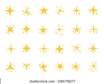 Sparkling stars. Shiny sparks, glitter light star and sparkle elements. Gold christmas card glow stars, yellow starburst shining sparkles. Isolated vector signs set