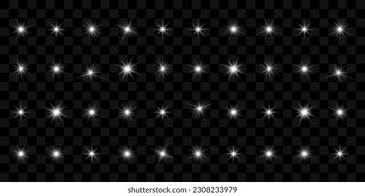 Sparkling stars, twinkling and flashing lights. Collection of various light effects on a transparent background.