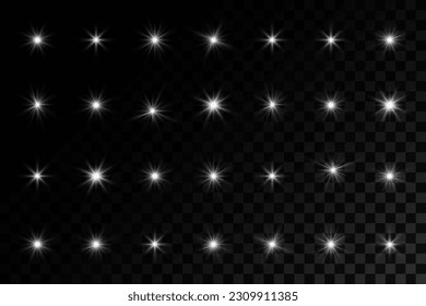 Sparkling stars, twinkling and flashing lights. Collection of various light effects on a transparent background.