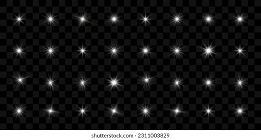 Sparkling stars, twinkling and flashing lights. Collection of various light effects on a transparent background.