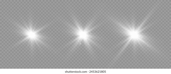 Sparkling stars, twinkling and flashing lights. Collection of various light effects on a black background. Realistic vector graphics