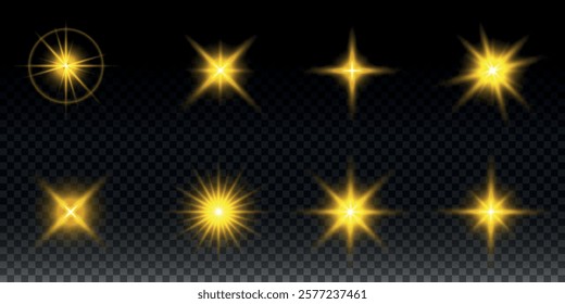 Sparkling stars, twinkling and flashing lights. Collection of various light effects on a black background. Realistic vector graphics