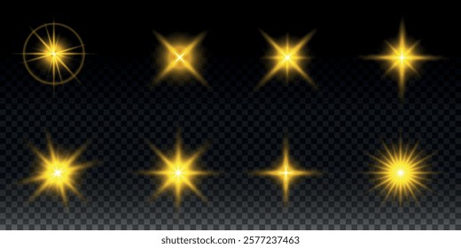 Sparkling stars, twinkling and flashing lights. Collection of various light effects on a black background. Realistic vector graphics