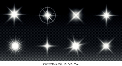 Sparkling stars, twinkling and flashing lights. Collection of various light effects on a black background. Realistic vector graphics