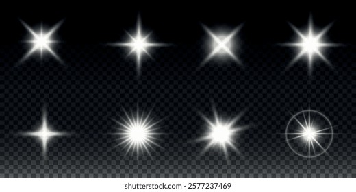 Sparkling stars, twinkling and flashing lights. Collection of various light effects on a black background. Realistic vector graphics