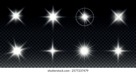 Sparkling stars, twinkling and flashing lights. Collection of various light effects on a black background. Realistic vector graphics