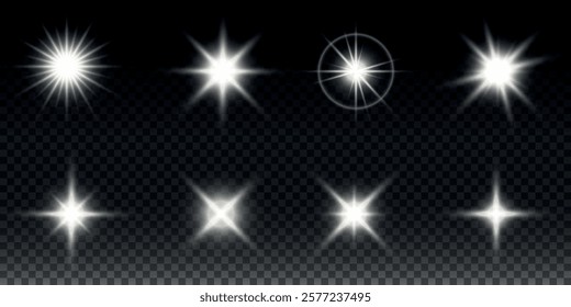 Sparkling stars, twinkling and flashing lights. Collection of various light effects on a black background. Realistic vector graphics