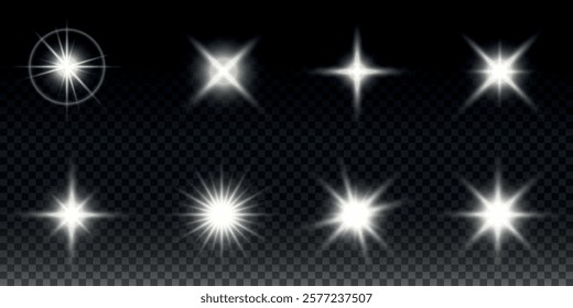 Sparkling stars, twinkling and flashing lights. Collection of various light effects on a black background. Realistic vector graphics