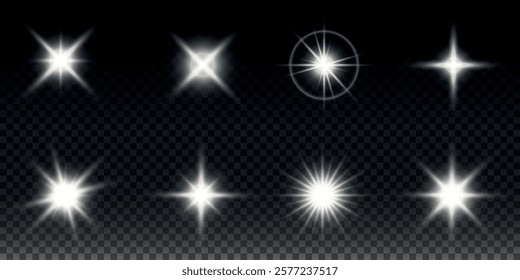 Sparkling stars, twinkling and flashing lights. Collection of various light effects on a black background. Realistic vector graphics