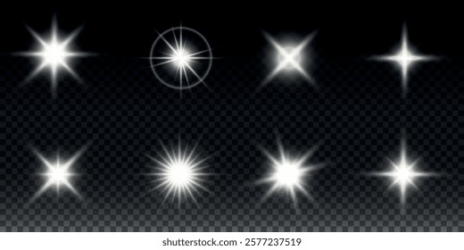 Sparkling stars, twinkling and flashing lights. Collection of various light effects on a black background. Realistic vector graphics